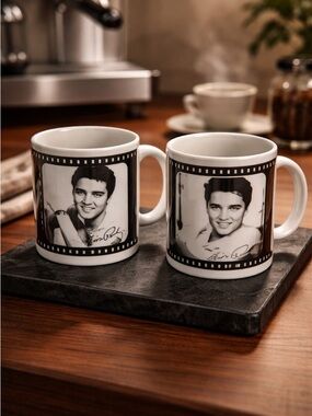 EUC Set of 2 Black White Elvis Presley Coffee Mugs Rock N Roll Film Strip